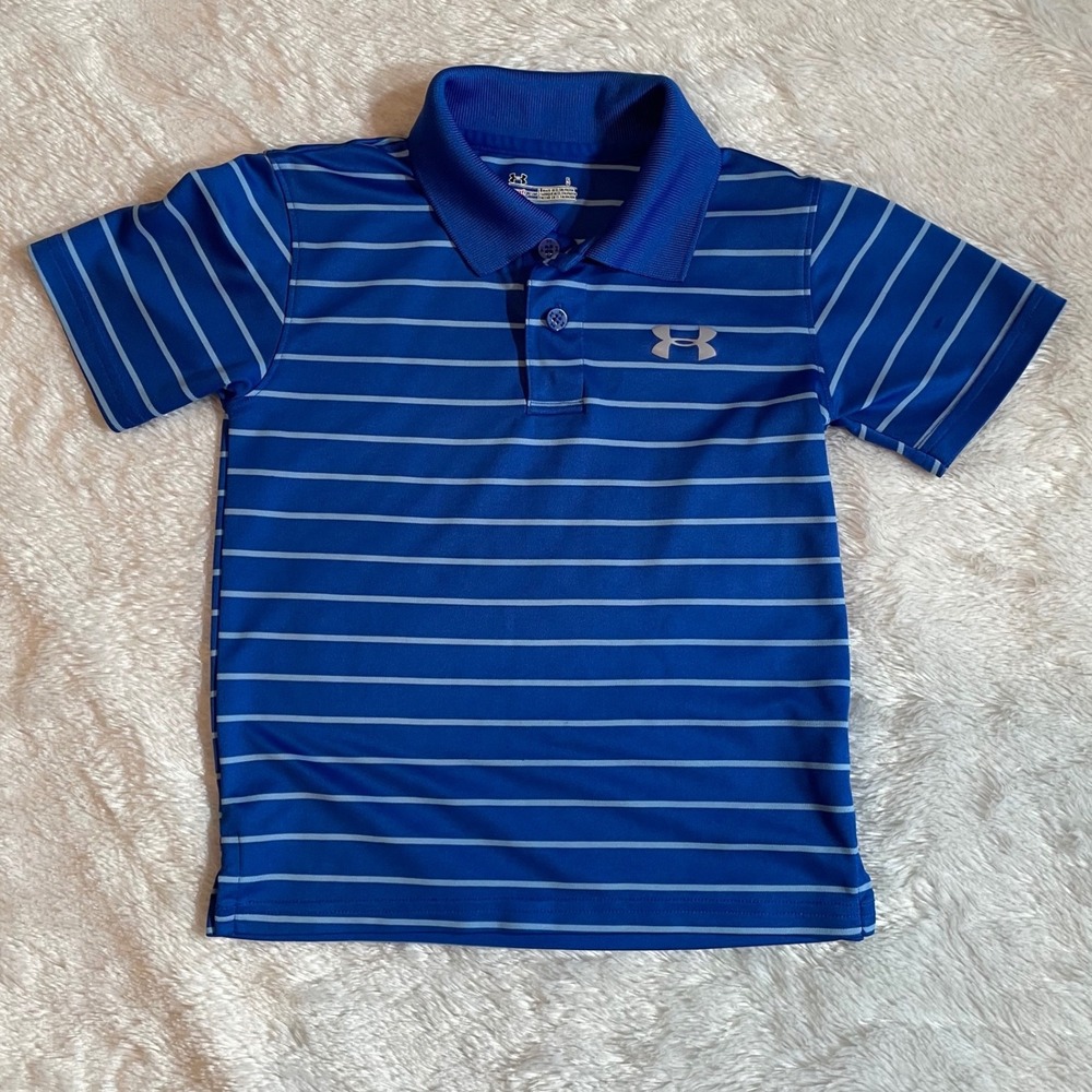 Under Armour Boys Blue Striped HeatGear Short Sleeve Polo Shirt Size 5